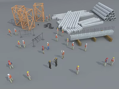 Construction Workers Working At Building Site With Metal Frames Pipes And Steel Bars 3d model