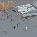 Construction Workers Working At Building Site With Metal Frames Pipes And Steel Bars