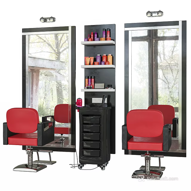 Professional Salon Commercial Equipment With Red Barber Chairs Black Storage Cabinets Mirrors And Product Shelves 3d model 
