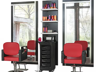 Professional Salon Commercial Equipment With Red Barber Chairs Black Storage Cabinets Mirrors And Product Shelves 3d model