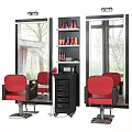 Professional Salon Commercial Equipment With Red Barber Chairs Black Storage Cabinets Mirrors And Product Shelves