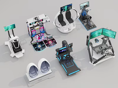Diverse VR Gaming Equipment Including Headsets Chairs And Multi Screen Consoles 3d model