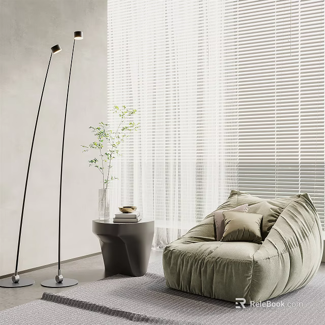 Comfortable Light Green Bean Bag Chair with Floor Lamp and Side Table Near White Blinds 3d model 