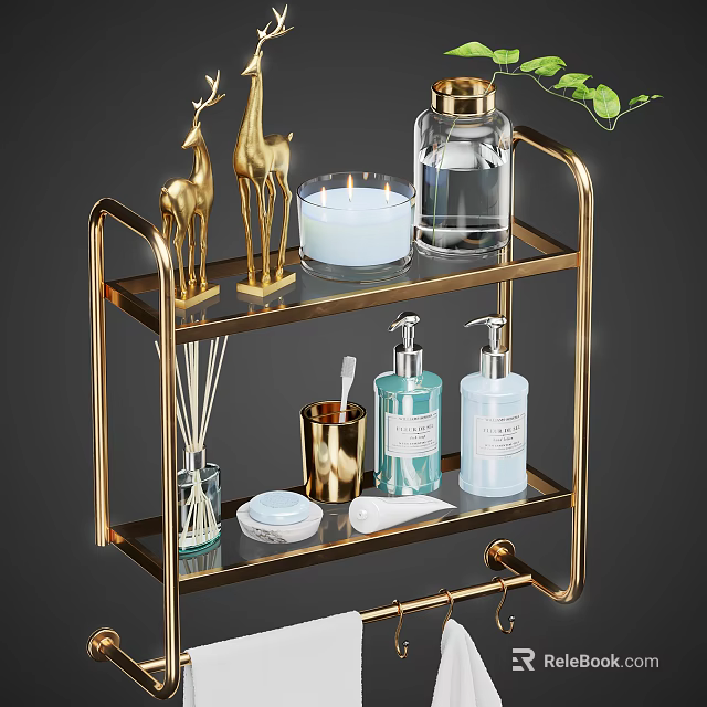 Hanging Wall Cabinet Gold Metal Two Tier Bathroom Storage With Decor Items And Toiletries 3d model 