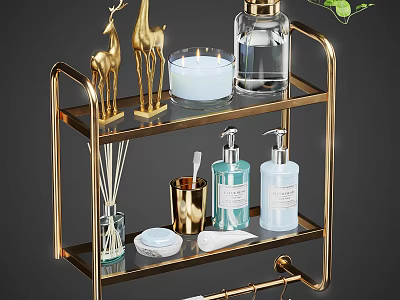 Hanging Wall Cabinet Gold Metal Two Tier Bathroom Storage With Decor Items And Toiletries 3d model