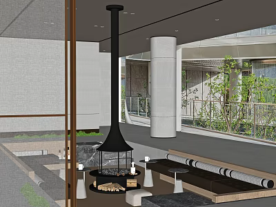 Modern Living Room Interior With Black Chimney Fireplace Seating And Courtyard View 3d model
