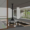 Modern Living Room Interior With Black Chimney Fireplace Seating And Courtyard View