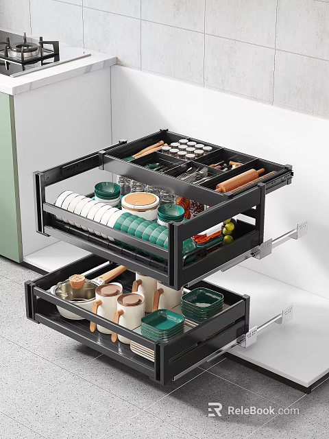 Modern Kitchen Storage Cabinet With Divided Drawer Design For Organizing Tableware And Utensils 3d model 