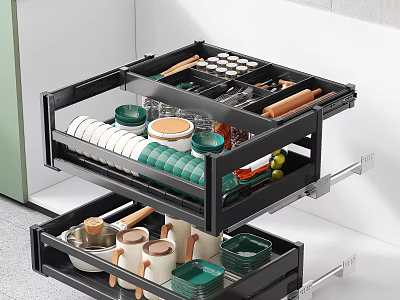 Modern Kitchen Storage Cabinet With Divided Drawer Design For Organizing Tableware And Utensils 3d model