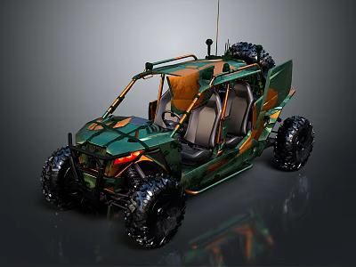 Camouflage Military Style Off Road Vehicle With Open Design And Large Tires 3d model
