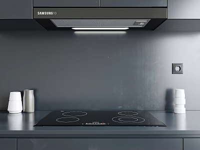 Modern Sleek Kitchen Interior With Samsung Range Hood Electric Cooktop White Cups And Black Countertop 3d model