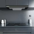 Modern Sleek Kitchen Interior With Samsung Range Hood Electric Cooktop White Cups And Black Countertop