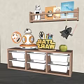 Wooden Storage Cabinet With Shelves Holding Star Wars Figurines Books Stationery And White Drawers