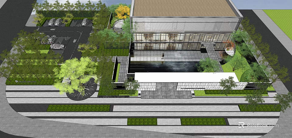 Modern Garden Landscape Design With Water Feature Green Plants And Paved Ground 3d model 