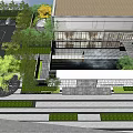 Modern Garden Landscape Design With Water Feature Green Plants And Paved Ground