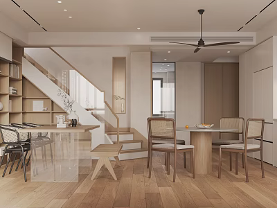 Modern Restaurant Interior With Open Space Wooden Flooring Dining Table Staircase Natural Light 3d model