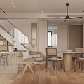 Modern Restaurant Interior With Open Space Wooden Flooring Dining Table Staircase Natural Light