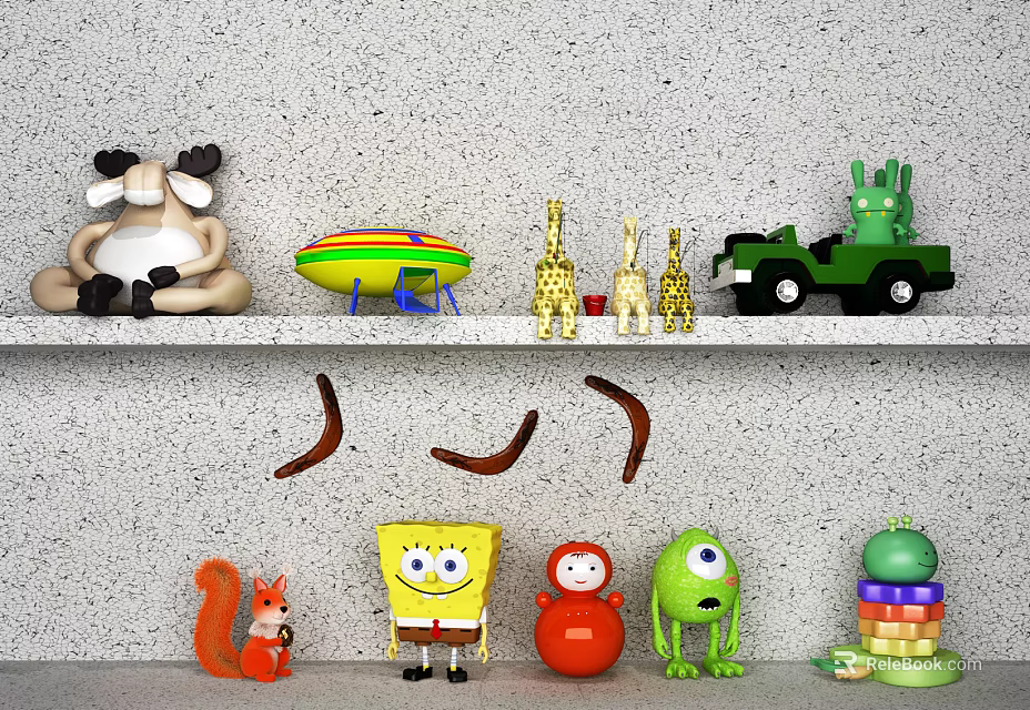 Playful Dolls and Toys Collection with SpongeBob Green Monster Giraffe Squirrel and Truck on Shelf 3d model 