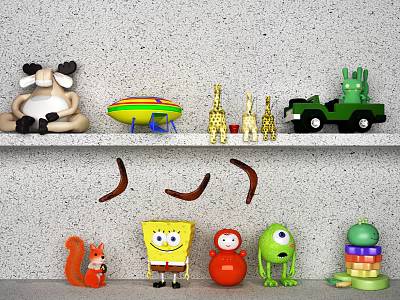 Playful Dolls and Toys Collection with SpongeBob Green Monster Giraffe Squirrel and Truck on Shelf 3d model