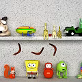 Playful Dolls and Toys Collection with SpongeBob Green Monster Giraffe Squirrel and Truck on Shelf