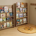 Wooden Shelves Filled With Colorful Children's Books In Cozy Kids Room With Lion Rug
