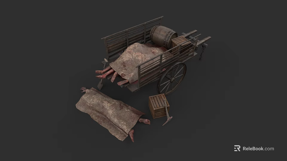 Game and Movie Character Wooden Cart with Worn Canvas Cover and Wooden Crate 3d model 