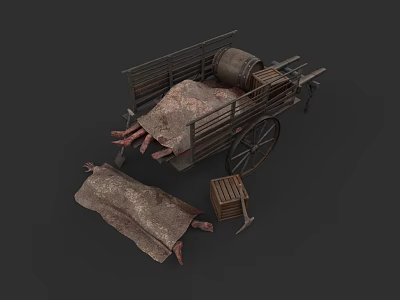 Game and Movie Character Wooden Cart with Worn Canvas Cover and Wooden Crate 3d model