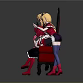 Three Anime Game Characters In Red And Black Outfits Sitting On Ornate Red Chair