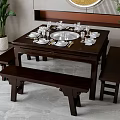 Dark Wooden Square Dining Table Set With Benches And Dinnerware 3d model