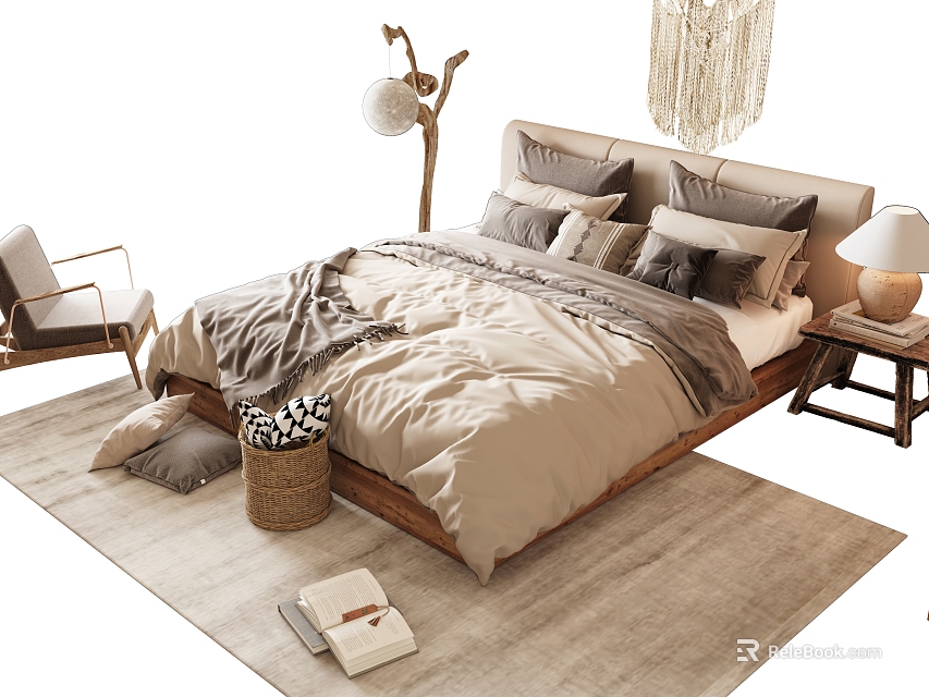 Cozy Double Bed Bedroom Interior with Beige Bedding Gray Pillows Wooden Frame and Light Rug 3d model 