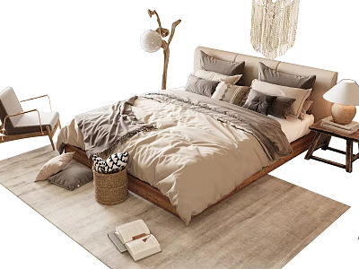 Cozy Double Bed Bedroom Interior with Beige Bedding Gray Pillows Wooden Frame and Light Rug 3d model