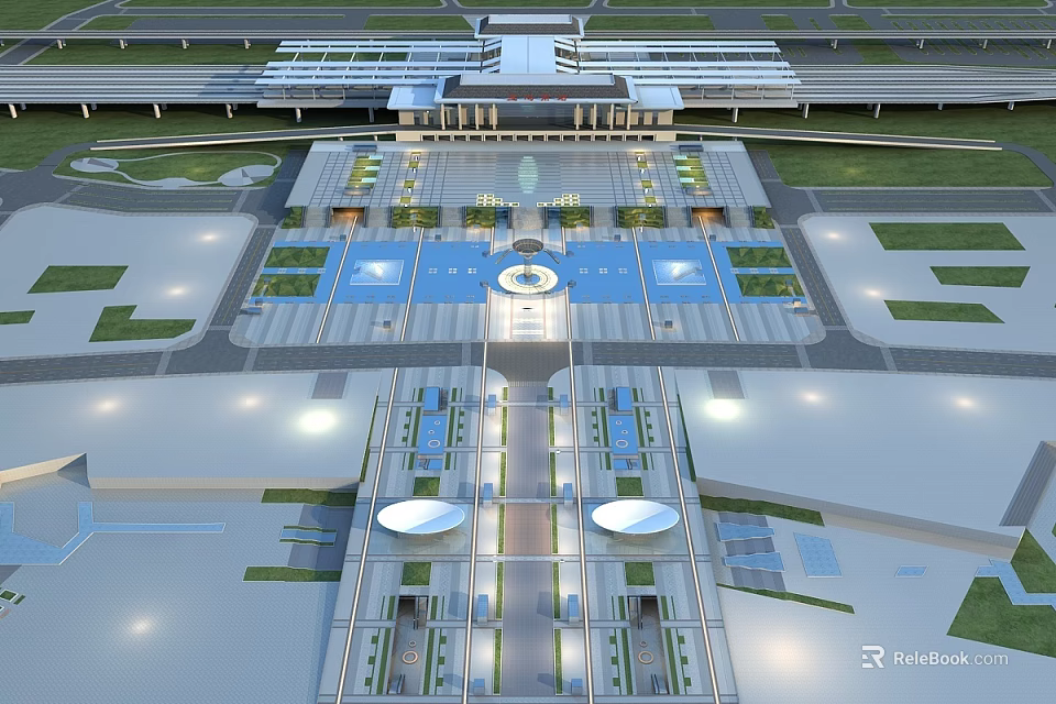 Modern Public Square Design With Central Fountain Symmetric Layout And Lighting Features 3d model 