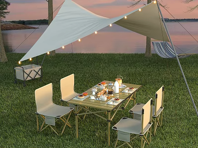 Outdoor Chairs On Lakeside Grass With Sunset Canopy And String Lights 3d model
