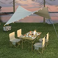 Outdoor Chairs On Lakeside Grass With Sunset Canopy And String Lights 3d model