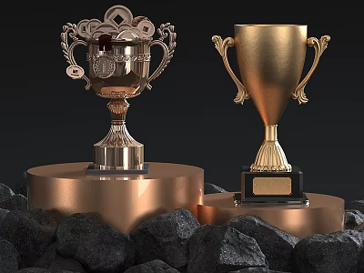 Gold and Silver Trophies on Golden Pedestals Surrounded by Black Rocks 3d model