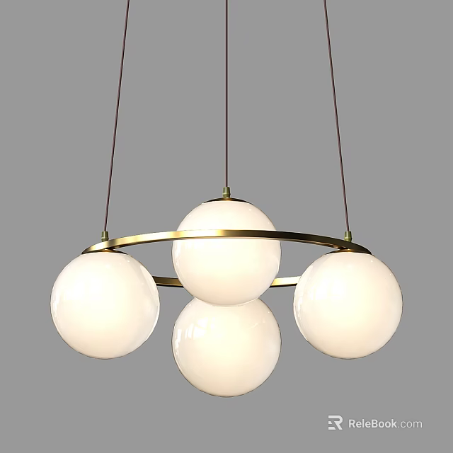 Modern Hanging Chandelier with Four White Spheres and Golden Ring Design 3d model 