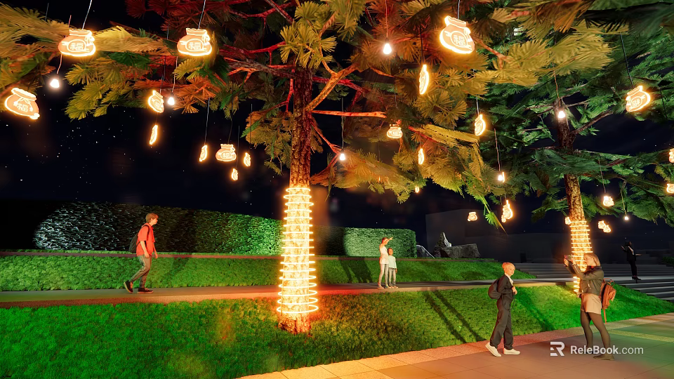Outdoor Lights Decorating Night Lawn Trees With Hanging Lanterns Trunk Wraps And People Walking 3d model 