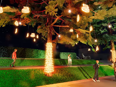 Outdoor Lights Decorating Night Lawn Trees With Hanging Lanterns Trunk Wraps And People Walking 3d model