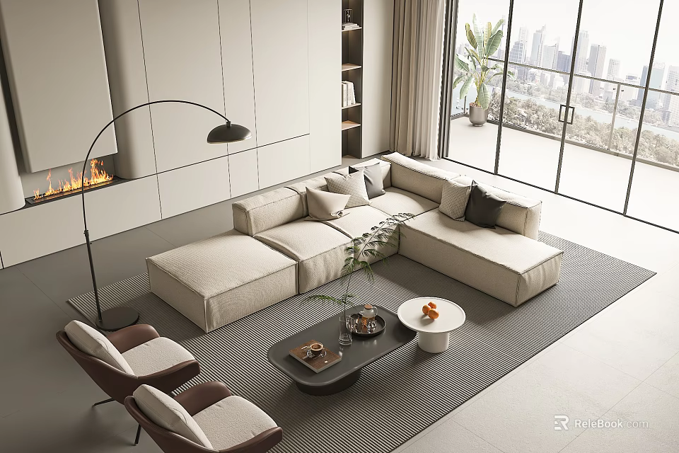 Modern Beige L Shaped Sofa And Black Coffee Table Set In Living Room With City View 3d model 