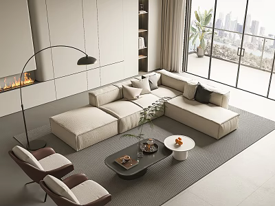 Modern Beige L Shaped Sofa And Black Coffee Table Set In Living Room With City View 3d model