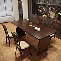 Dark Wooden Dining Table Set with Four Wooden Frame Chairs and Light Cushions