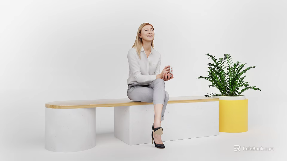 Interactive Space With Woman Sitting On Wooden Top White Concrete Bench And Yellow Planter Plant 3d model 