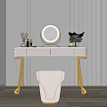 Elegant Modern Dressing Table With Round Mirror Gold Legs Skincare Items And Stool