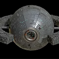 Spherical Metallic Space Station With Ring Structure And Illuminated Surface Details