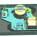 Cartoon Isometric Scene With Workstations Computers Central Circular Structure Blue Area And Yellow Elements 3d model