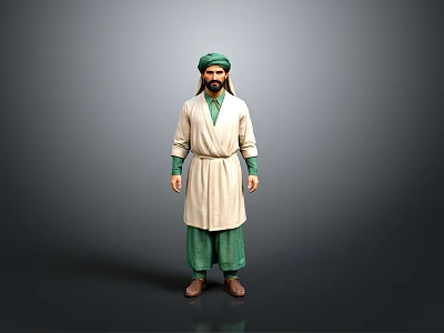 A man in green turban white robe green pants standing against gray background 3d model