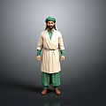 A man in green turban white robe green pants standing against gray background