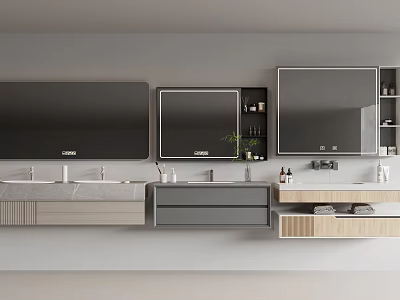 Modern Bathroom Cabinet Design With Wall Mirrors Storage Drawers And Countertop 3d model