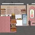 Charming Dessert Shop Interior With Pink Striped Counter Bread Racks Pink Sofa And Fruit Paintings