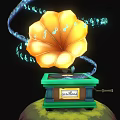Vintage Electronic Gramophone with Yellow Horn Green Base and Floating Musical Notes Design